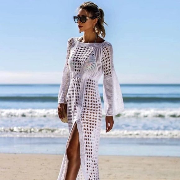 New White Chrochet Cover Up Long Dress with Slit - Picture 2 of 7
